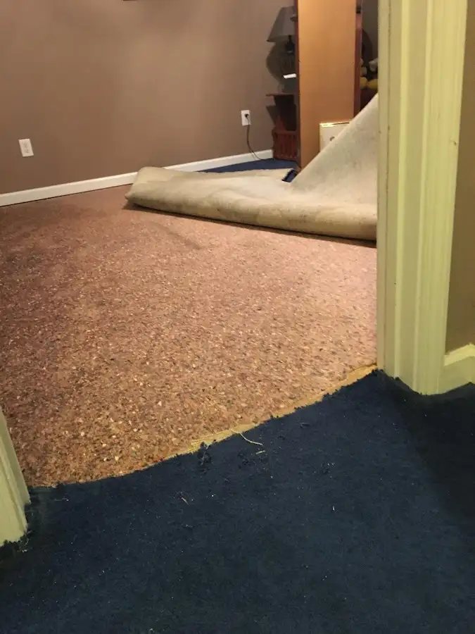 Carpet pad removal revealing water damage during Drying & Dehumidification in New Baltimore
